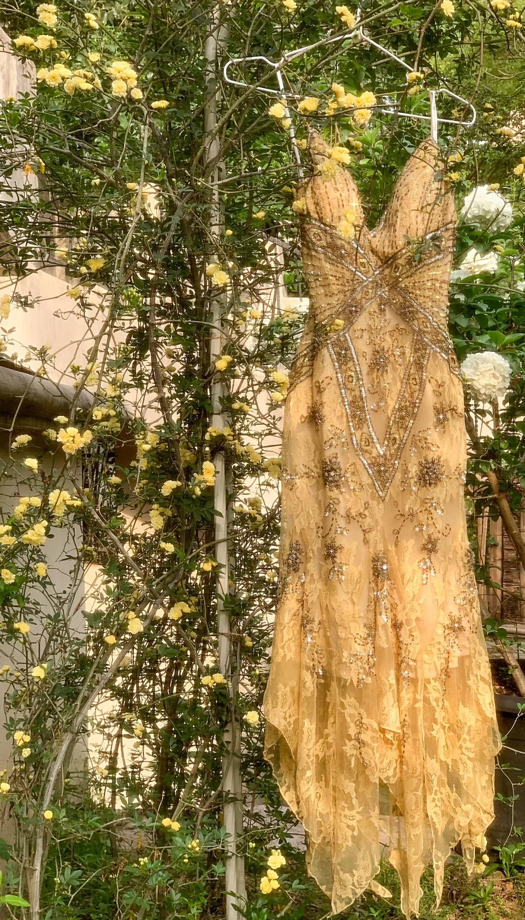 Fascinating Vintage Gold V-Neck Spaghetti Straps Lace Beading Short Prom Dresses ED02277