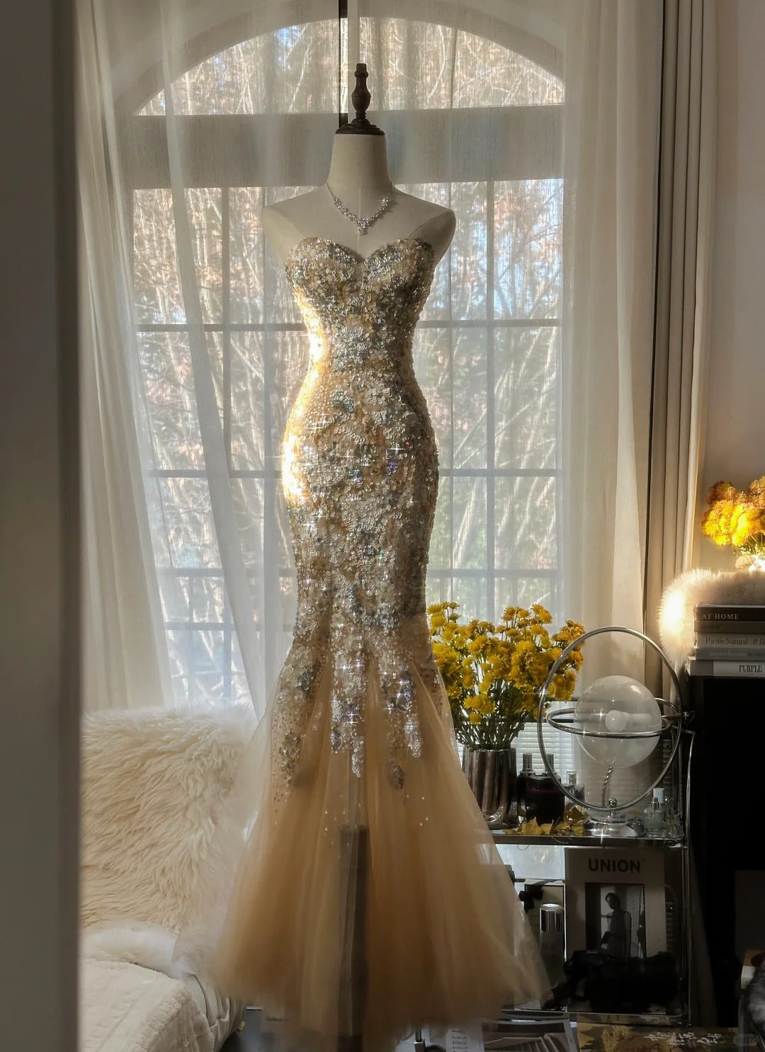 Gorgeous Light Champagne Sweetheart Neck Tulle Sequin Mermaid Long Prom Dresses Elegant Party Dress ED02286