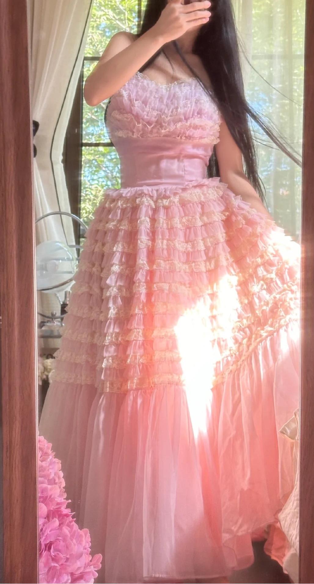Sweet Pink Tulle Layered A-line Strapless Birthday Prom Dresses Formal Evening Gowns ED02290