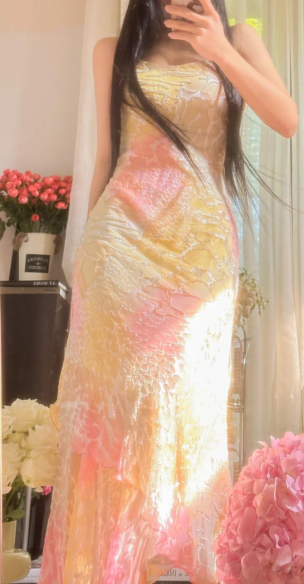 Gentle Vintage Spaghetti Straps Gradient Chiffon Beading Sheath Prom Dresses ED02291