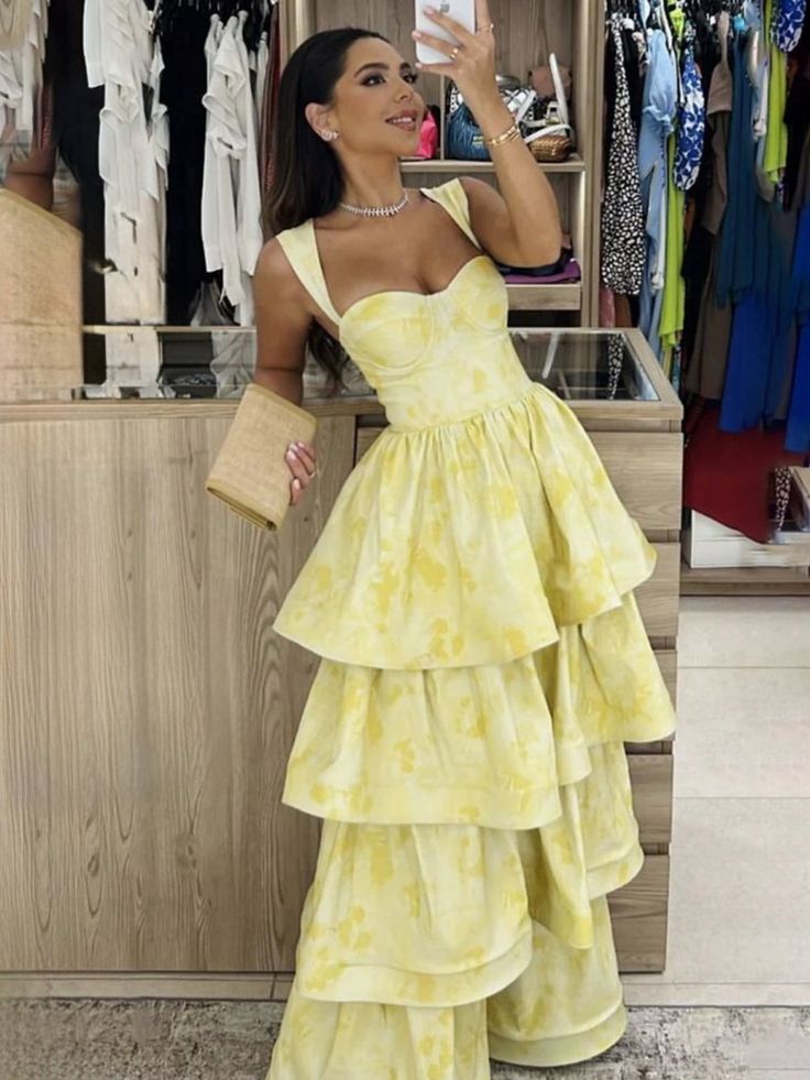 Sweet Butter Yellow Sweetheart Neck A-Line Jacquard Satin Layered Long Prom Dresses Formal Evening Dress ED02298