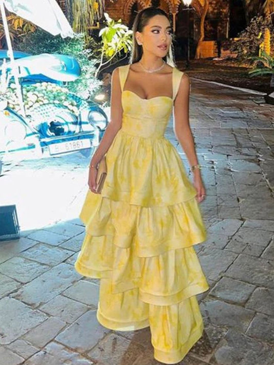 Sweet Butter Yellow Sweetheart Neck A-Line Jacquard Satin Layered Long Prom Dresses Formal Evening Dress ED02298