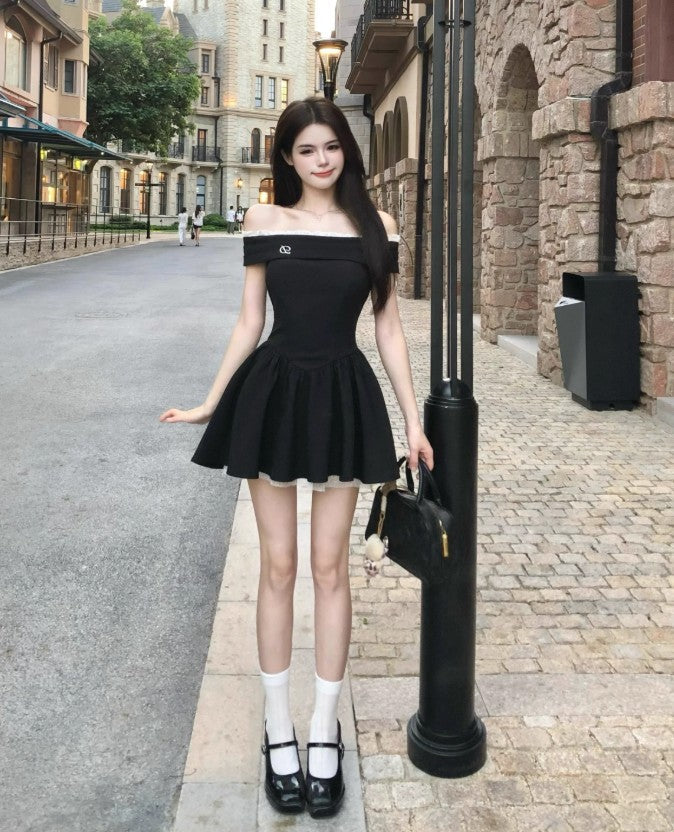 French style black off-shoulder dress summer short skirt ED02306
