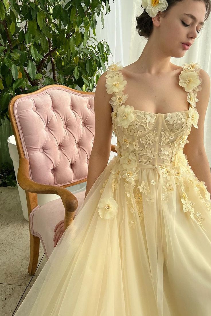 Cute Butter Yellow Square Neck Tulle Applique A-Line Long Prom Dresses Formal Evening Gowns ED02330