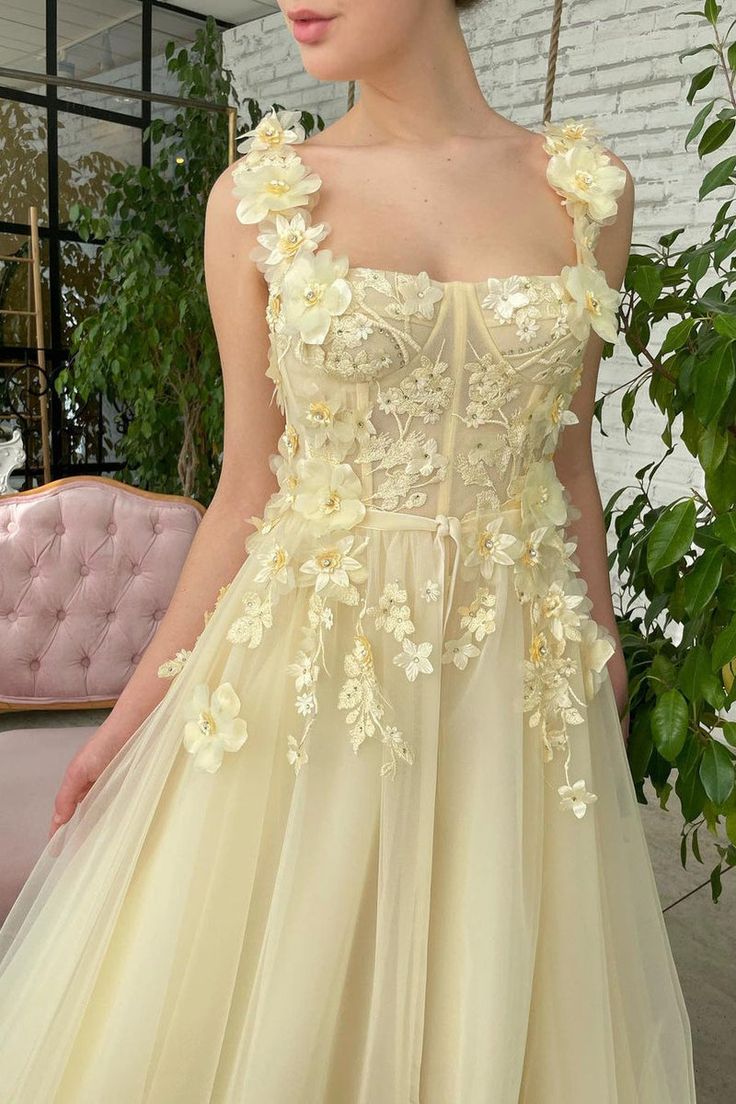 Cute Butter Yellow Square Neck Tulle Applique A-Line Long Prom Dresses Formal Evening Gowns ED02330