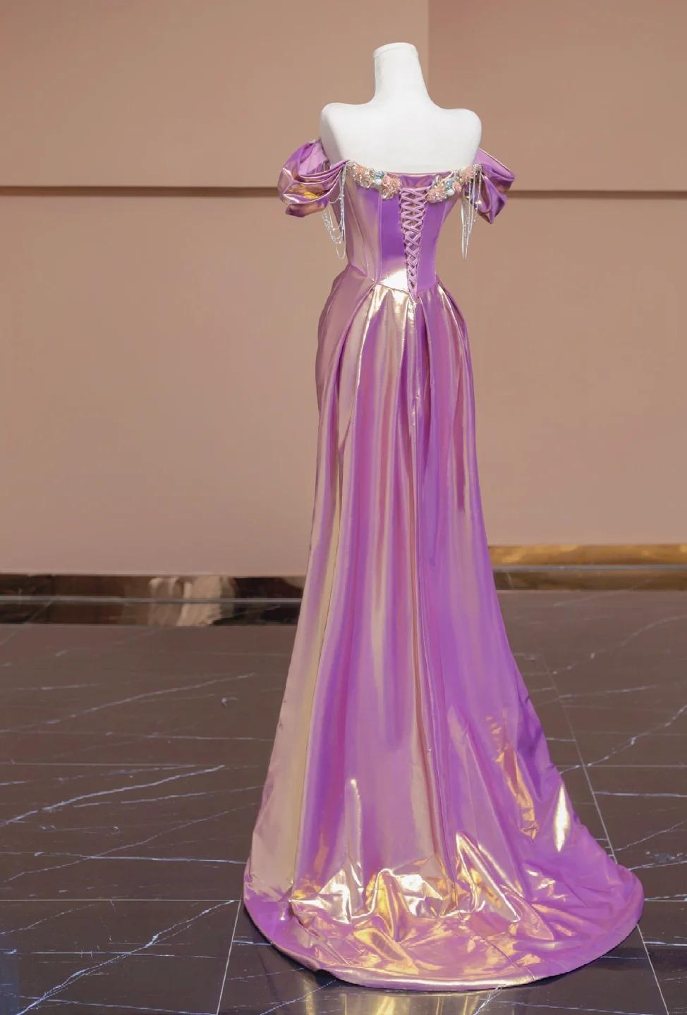 Gorgeous Purple Off Shoulder Satin Beaded A-line Long Prom Dresses Stylish Formal Evening Gowns ED02356