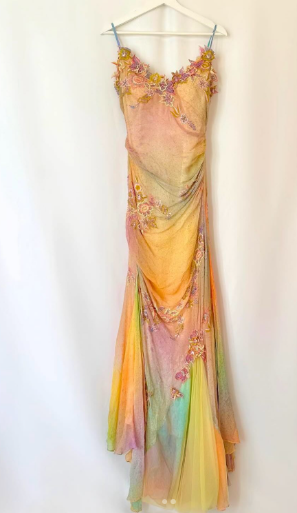 Glam Yellow Pink Spaghetti Straps Chiffon Embroidered Appliques Mermaid Prom Dresses Formal Evening Gowns ED02357