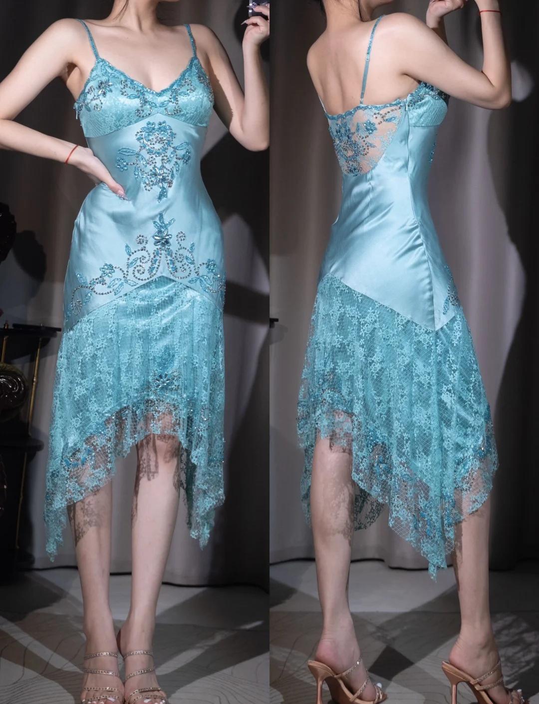 Elegant Blue Spaghetti Straps Sheath Lace Beading Vintage Prom Dresses ED02364