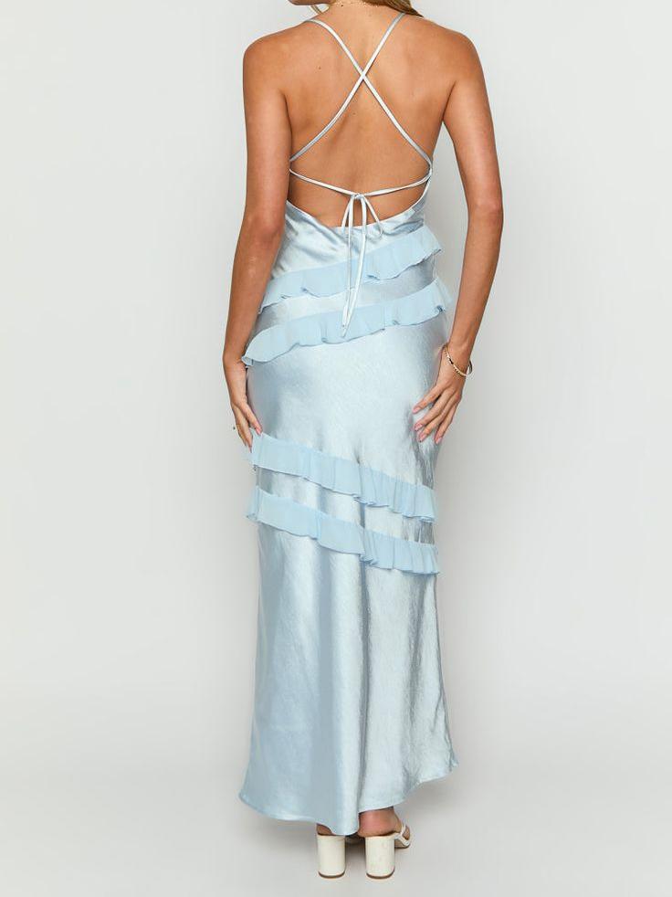 Stunning Sky Blue Sheath Spaghetti Straps Satin Ruffles Long Prom Dresses Backless Party Dress ED02381