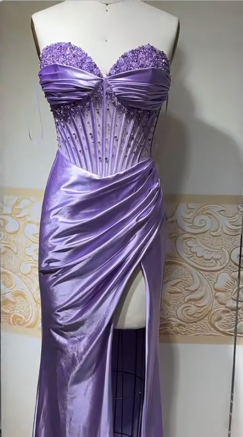 Elegant Lilac Sweetheart Neck Mermaid Satin Beading Long Prom Dresses Formal Evening Gowns ED02390