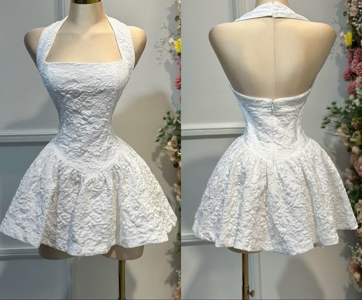 Elegant White A-Line Halter Homecoming Dress Jacquard Satin Open Back Short Prom Dresses ED02392