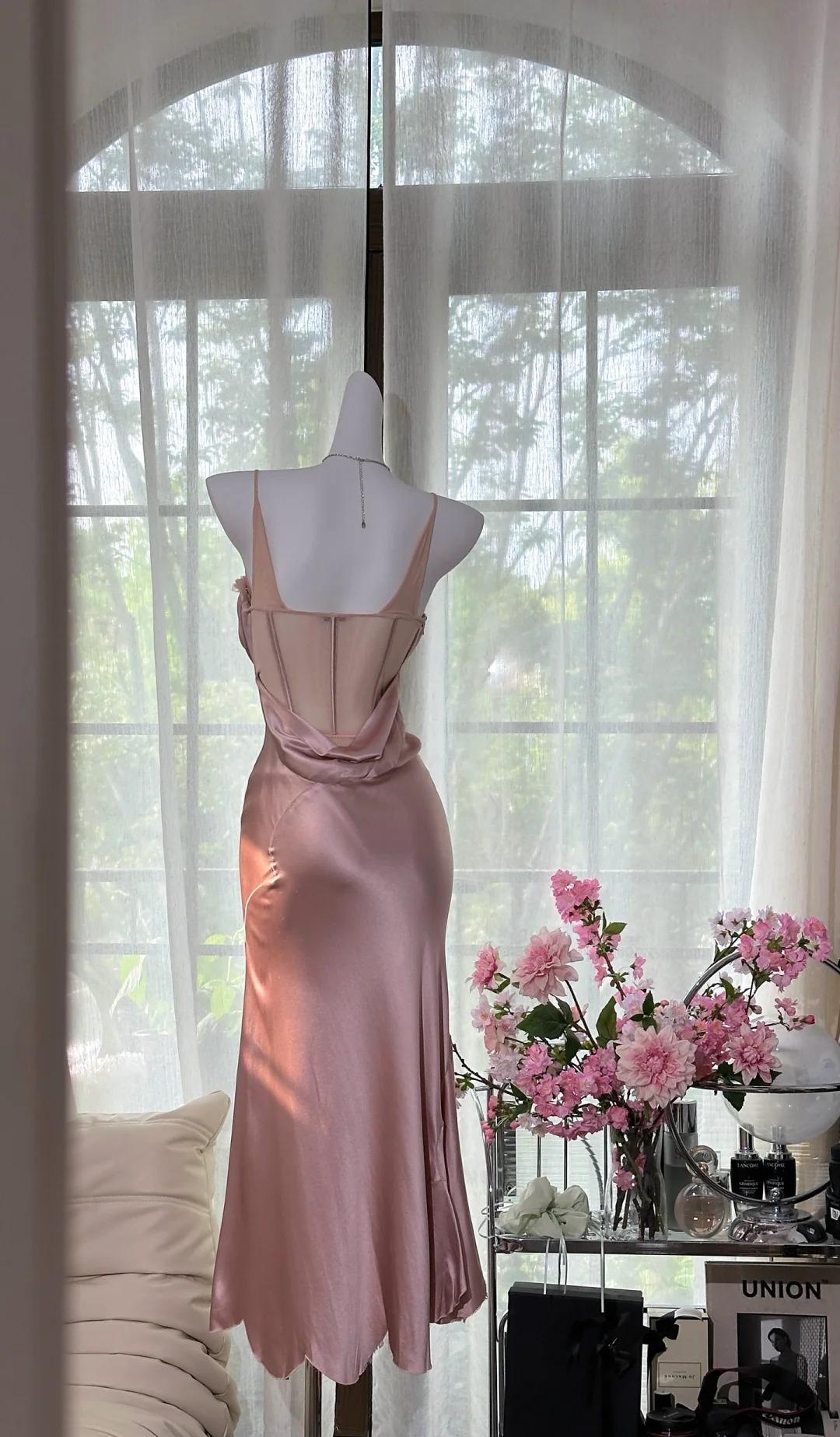 Elegant Blush Pink Spaghetti Straps Party Dress Sheath Satin Prom Dresses ED02422