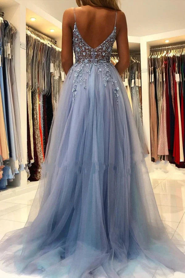 Gorgeous Grey Blue Spaghetti Straps Sequined A-Line Tulle Long Prom Dresses Formal Evening Gowns ED02425