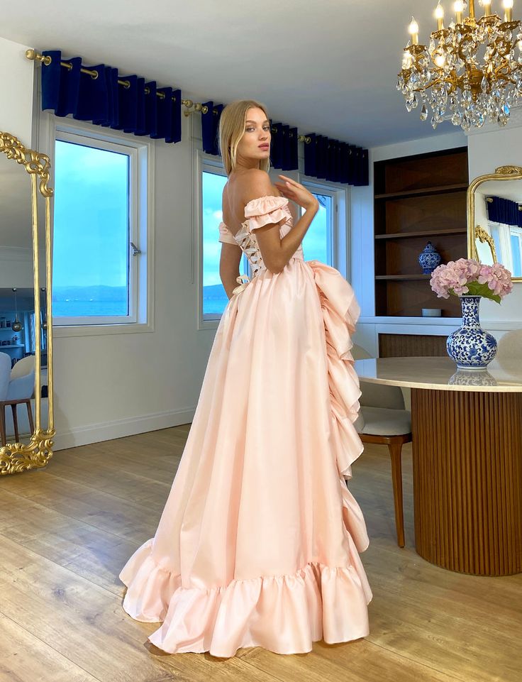 Sweet Blush Pink Off-the-shoulder A-Line Chiffon Satin Prom Dresses Evening Gowns with Slits ED02433
