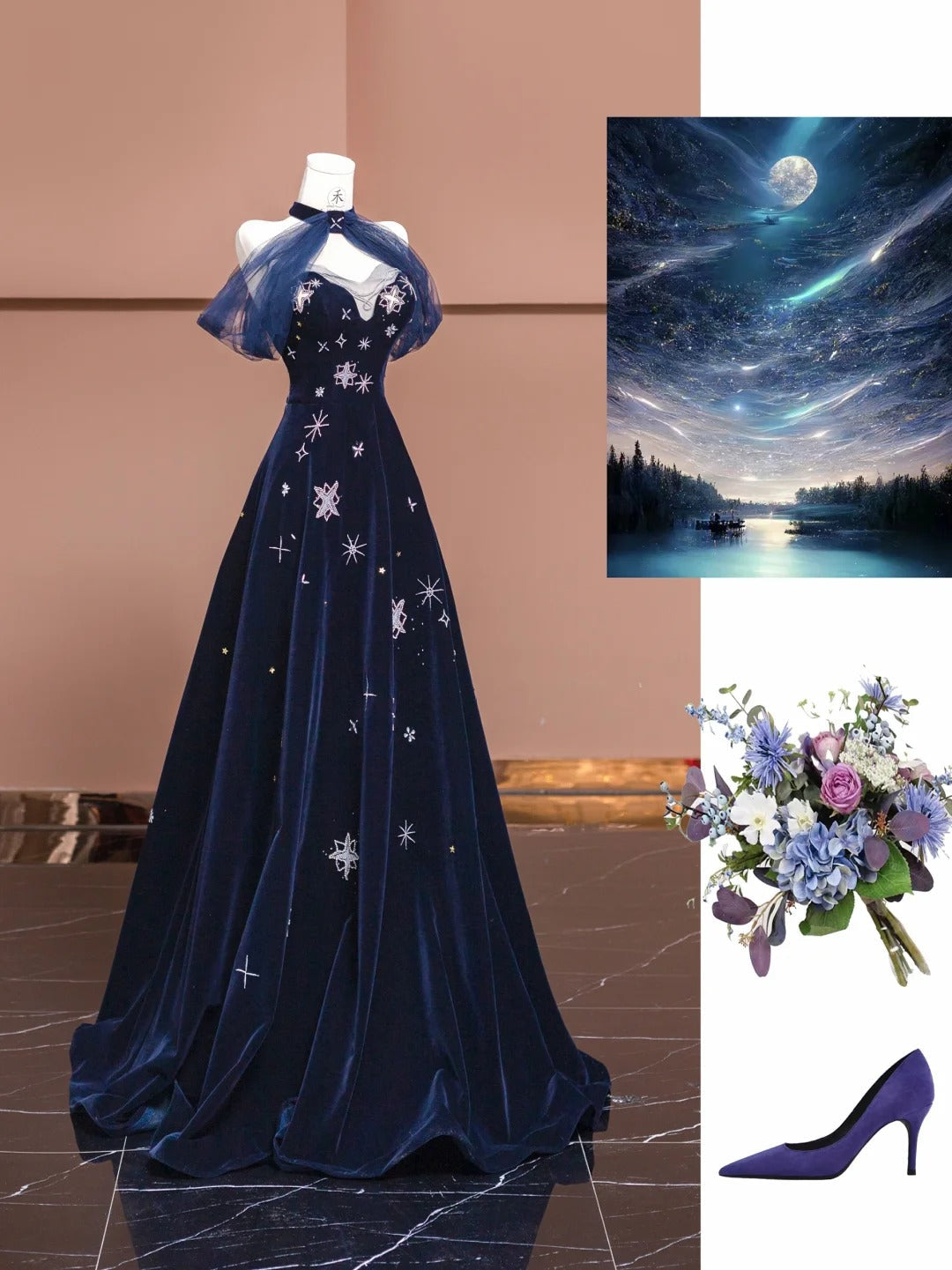Elegant Navy Blue Sweetheart A-Line Velvet Long Prom Dresses Formal Evening Dresses ED02446