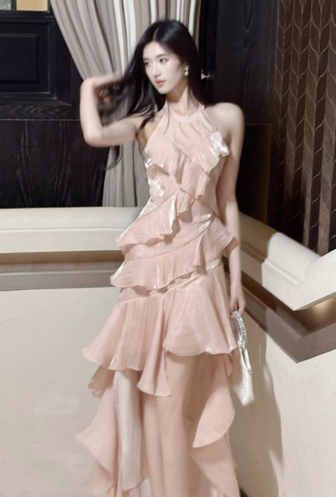 Sweet Peach Halter Neck A-Line Chiffon Layered Prom Dresses Fashion Birthday Evening Dress Gowns ED02455