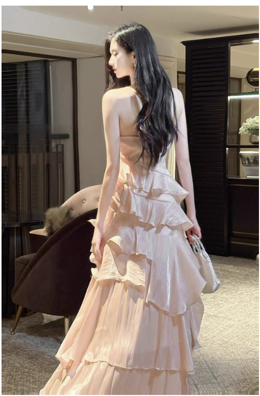Sweet Peach Halter Neck A-Line Chiffon Layered Prom Dresses Fashion Birthday Evening Dress Gowns ED02455