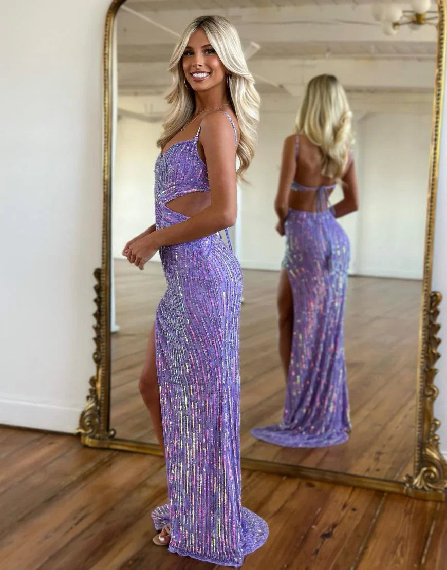 Fashion Purple Spaghetti Straps Sheath Sequin Beading Prom Dresses Formal Evening Gowns ED02459