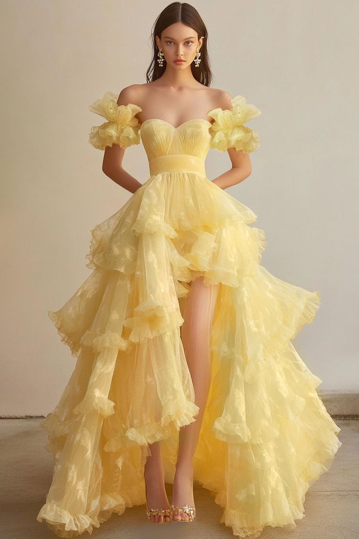 Gorgeous Butter Yellow Sweetheart Neck A-Line Tulle Long Prom Dresses Formal Evening Gowns ED02472