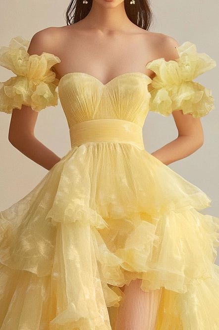 Gorgeous Butter Yellow Sweetheart Neck A-Line Tulle Long Prom Dresses Formal Evening Gowns ED02472