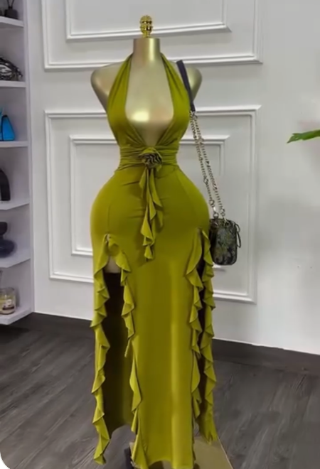 Glam Olive Green Deep V Neck Bodycon Party Dress Sexy Satin Slit Evening Gowns ED02488
