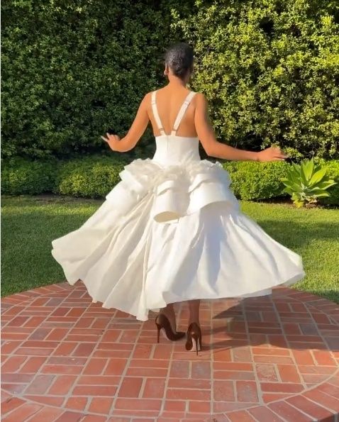 Elegant White Deep V Neck A-Line Jacquard Satin Party Dress Simple Evening Gowns ED02490