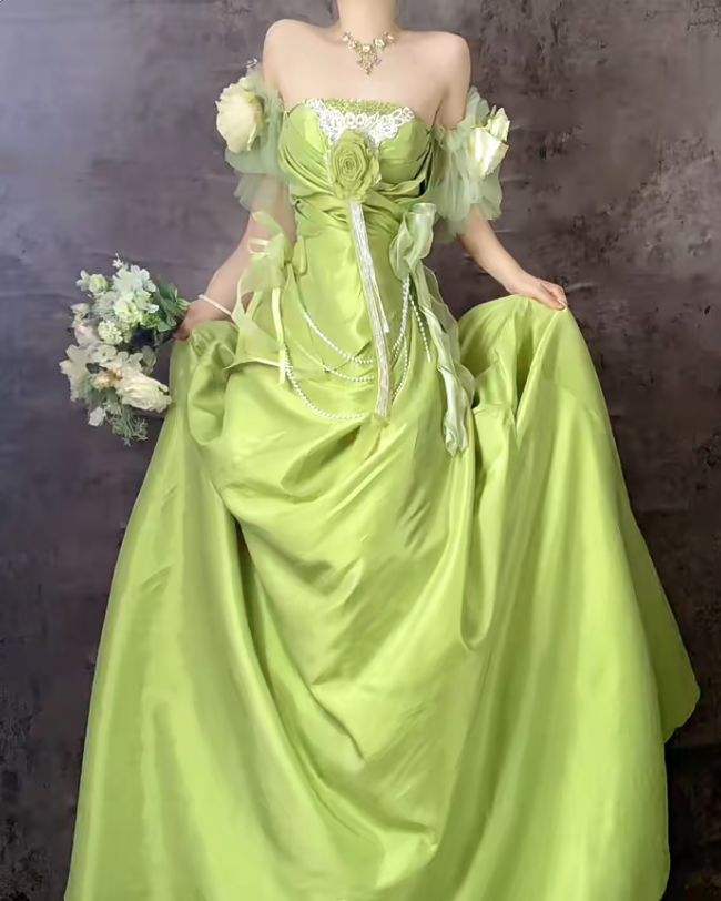Sweet Green Off Shoulder A-Line Satin Long Prom Dresses Formal Evening Gowns ED02498
