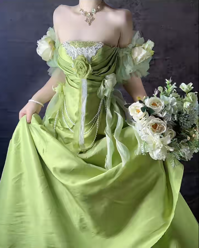 Sweet Green Off Shoulder A-Line Satin Long Prom Dresses Formal Evening Gowns ED02498