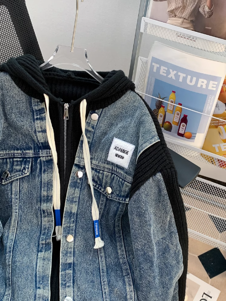 Denim patchwork hooded zip-up cardigan jacket ED0249