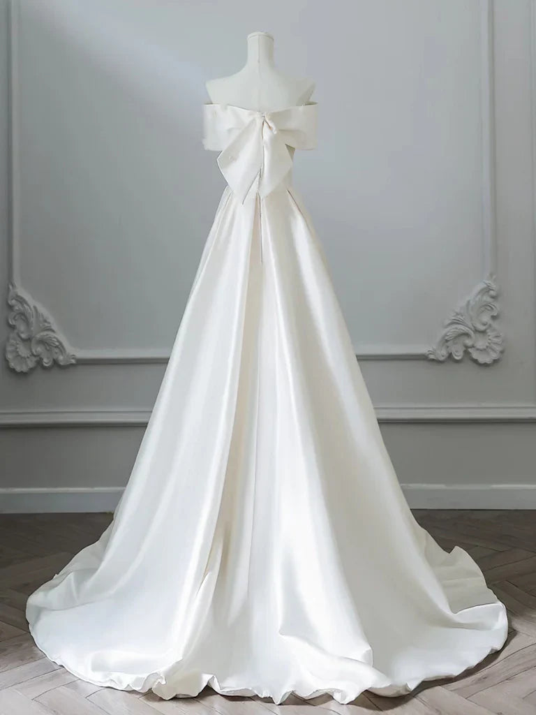 A-Line Off Shoulder Satin Light Champagne Long Prom Dress, Light Champagne Evening Dress ED025
