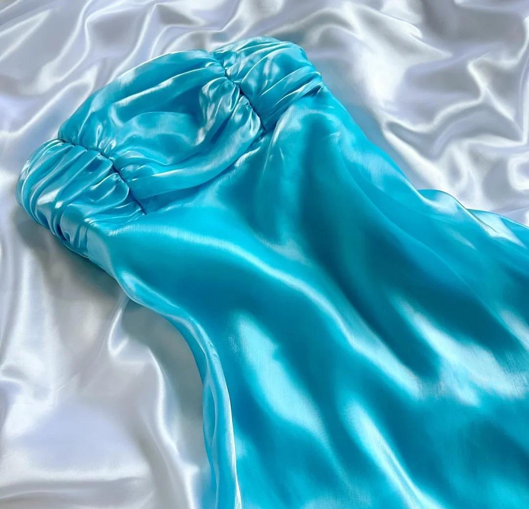 Stunning Blue Satin Strapless A-Line Prom Dresses Birthday Evening Dresses ED02511