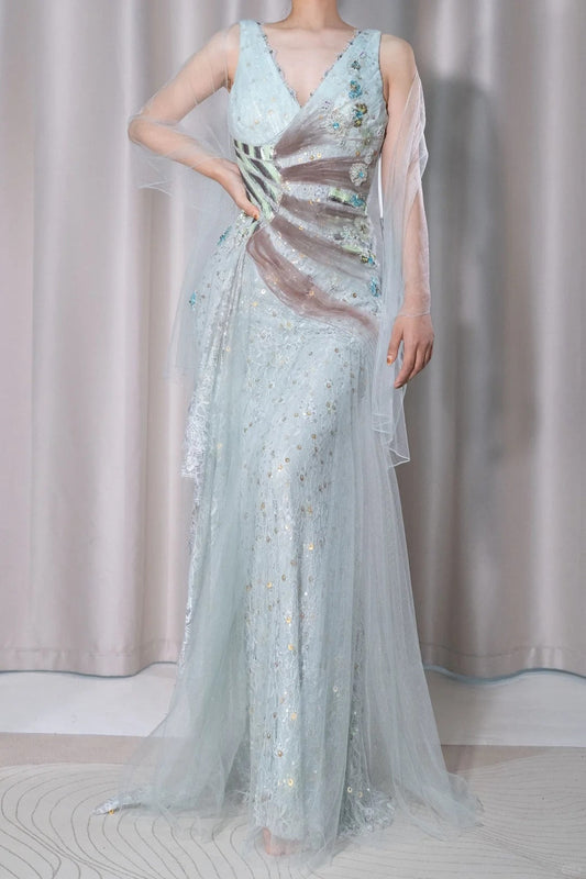 Stunning Light Green V-Neck Tulle A-Line Lace Sequins Prom Dresses Formal Backless Evening Gowns ED02515