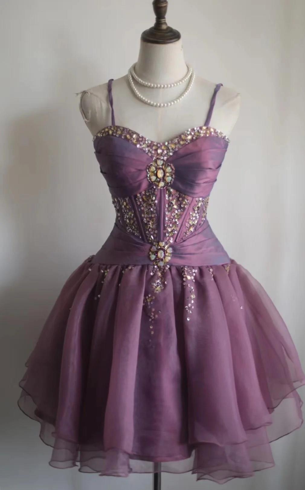 Sweet Spaghetti Straps Purple A-Line Tulle Short Prom Dresses Homecoming Dresses with Rhinestones ED02527