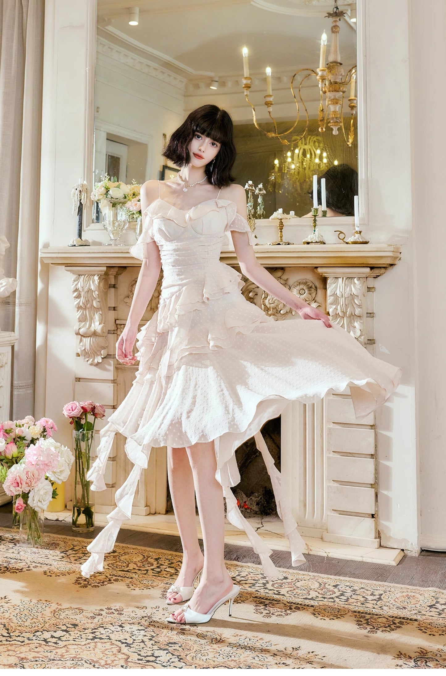 Glam Light Apricot Spaghetti Straps Chiffon Polka Dots Ruffles A-line Party Dress ED02529