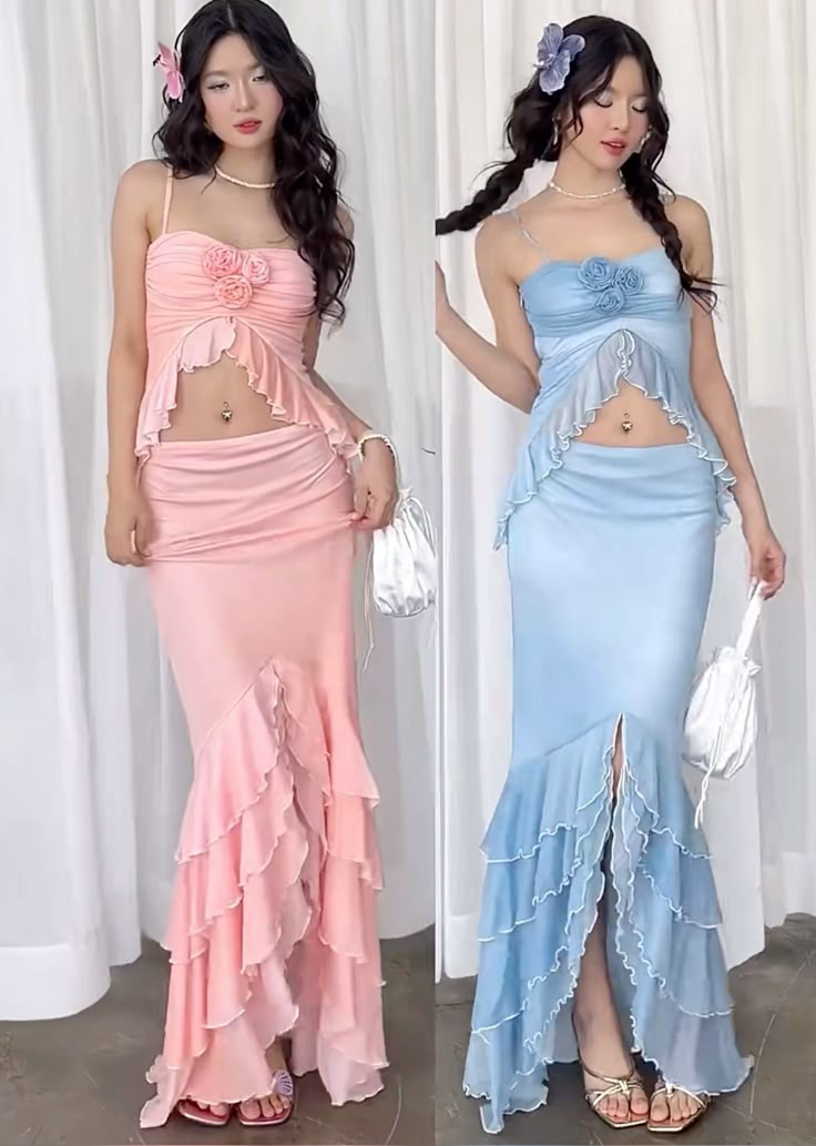 Fashion Pink Spaghetti Strap Mermaid Chiffon Party Dress with Ruffles ED02531