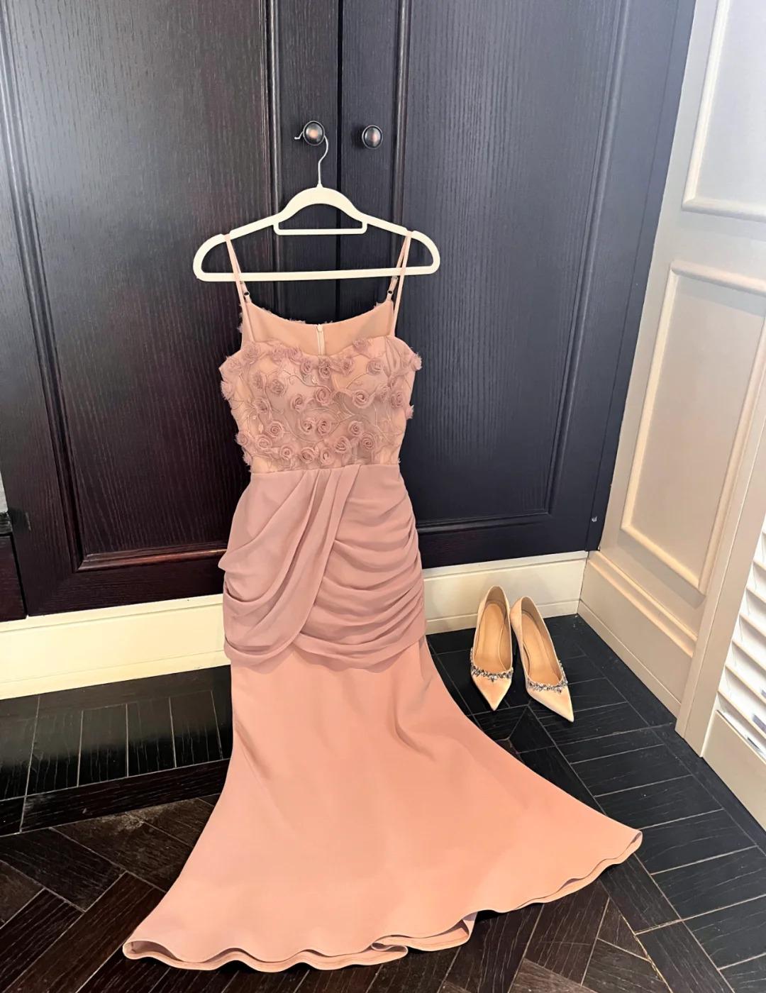 Gorgeous Spaghetti Straps Pink Satin Mermaid Appliques Prom Dresses Simple Evening Gowns ED02536