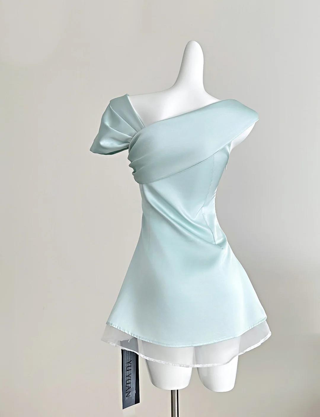 Sweet Tiffany Blue Asymmetric Neck Chiffon A-Line Party Dress ED02541