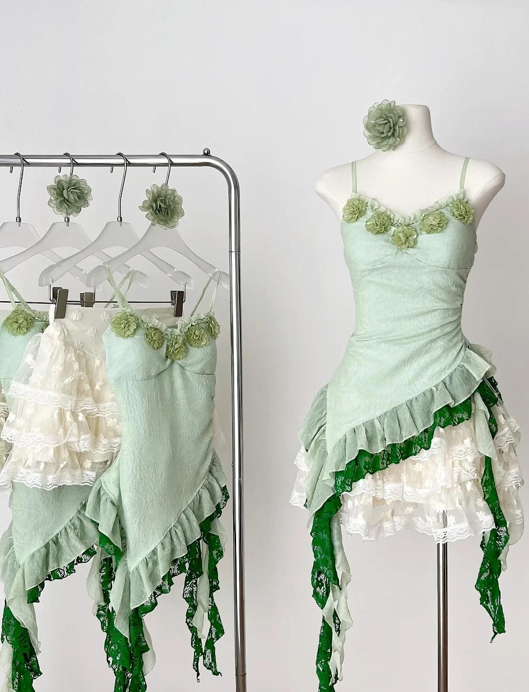 Fairytale Green Spaghetti Straps Bodycon Lace Tulle Short Prom Dresses Homecoming Dresses ED02542
