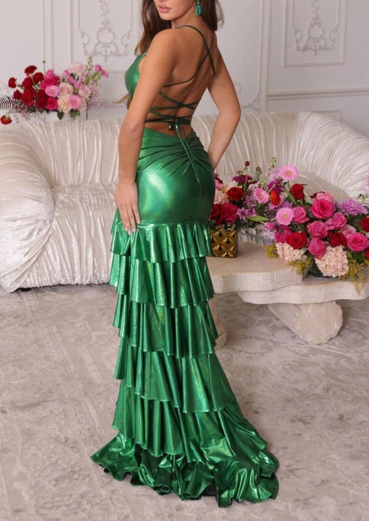 Glam Green Spaghetti Straps Sheath Satin Long Prom Dresses Formal Evening Gowns with Slits ED02562