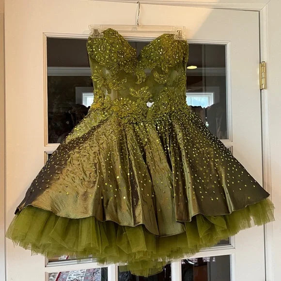 Gorgeous Dark Olive Green Sweetheart Neck A-Line Satin Tulle Short Prom Dresses Homecoming Dresses ED02575