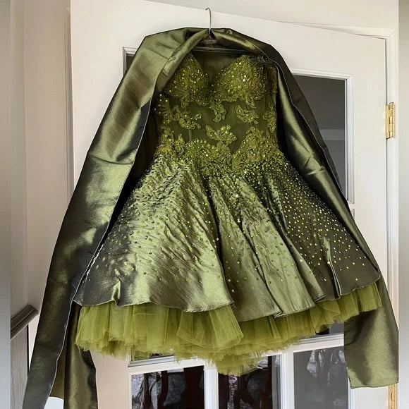Gorgeous Dark Olive Green Sweetheart Neck A-Line Satin Tulle Short Prom Dresses Homecoming Dresses ED02575