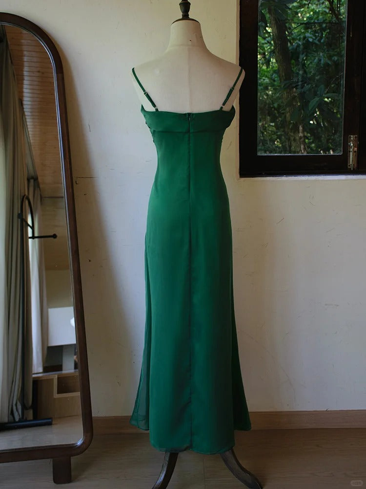 Stunning Green Spaghetti Strap Sheath Chiffon Prom Dress Elegant Evening Gowns ED02592