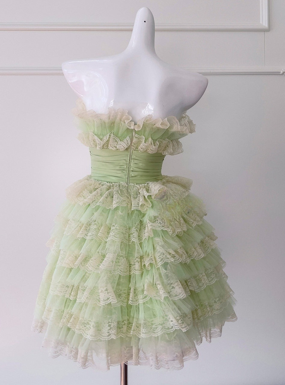 Gorgeous Green Strapless A-Line Tulle Lace Short Prom Dresses Homecoming Dress ED02600
