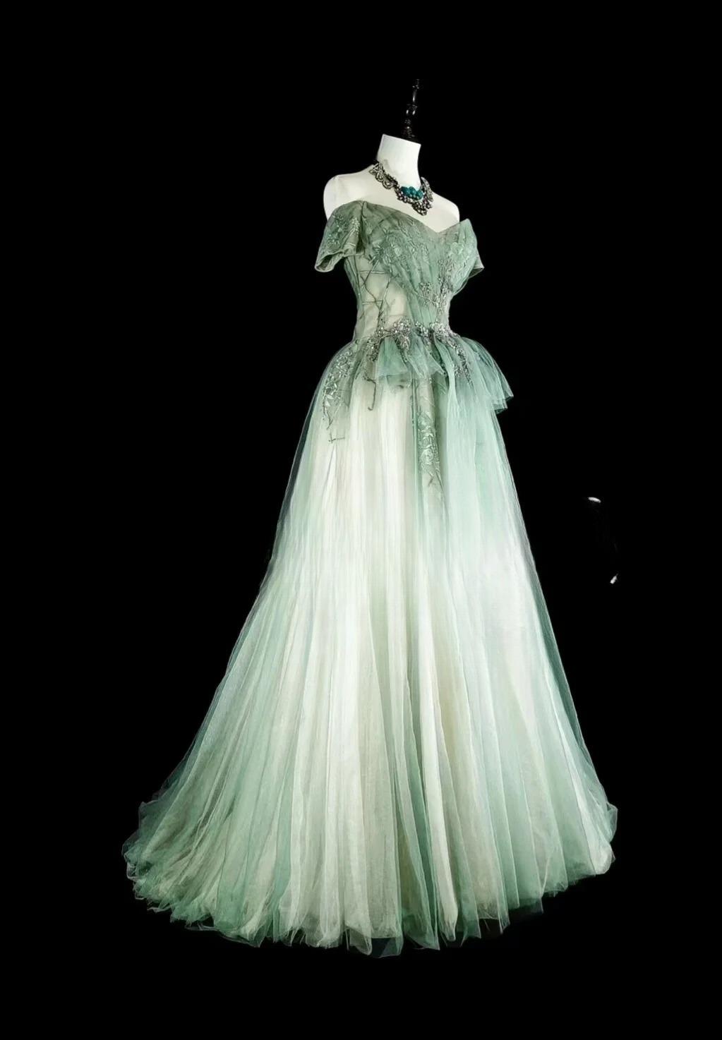 Sweet Green Off Shoulder A-Line Tulle Long Prom Dresses Formal Evening Gowns ED02617