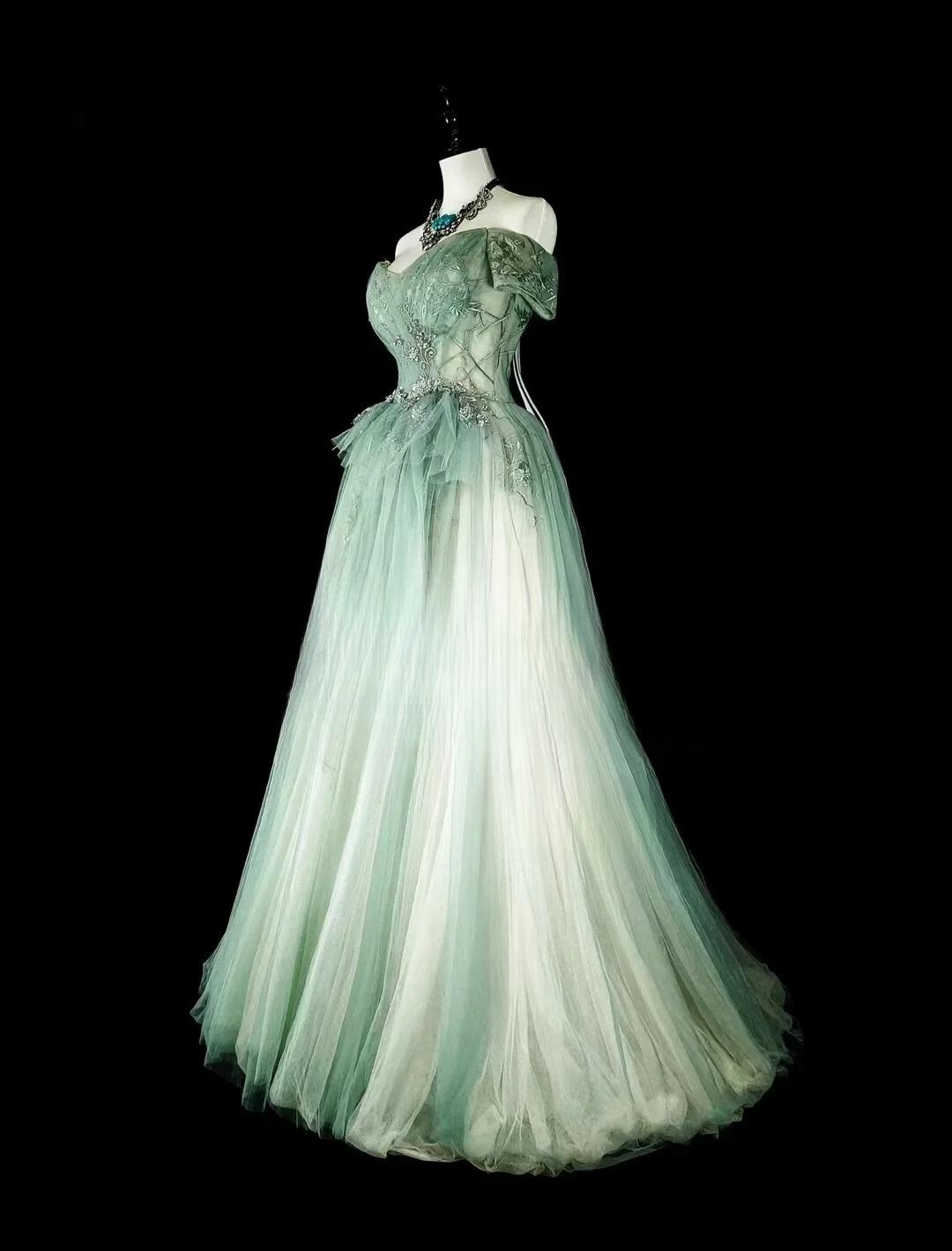 Sweet Green Off Shoulder A-Line Tulle Long Prom Dresses Formal Evening Gowns ED02617