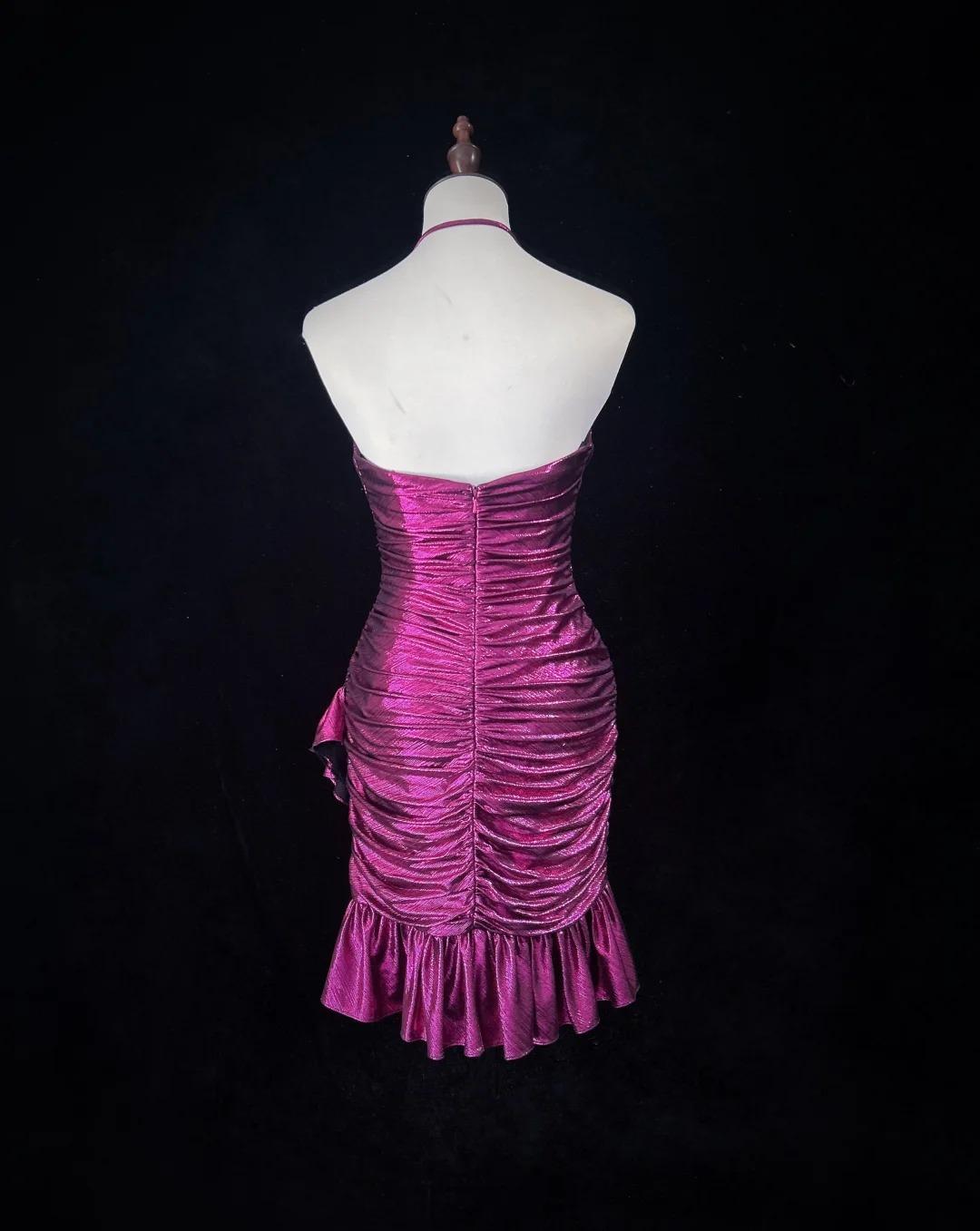 Gorgeous Fuchsia Spaghetti Straps Bodycon Satin Short Prom Dresses Vintage Homecoming Dress ED02627