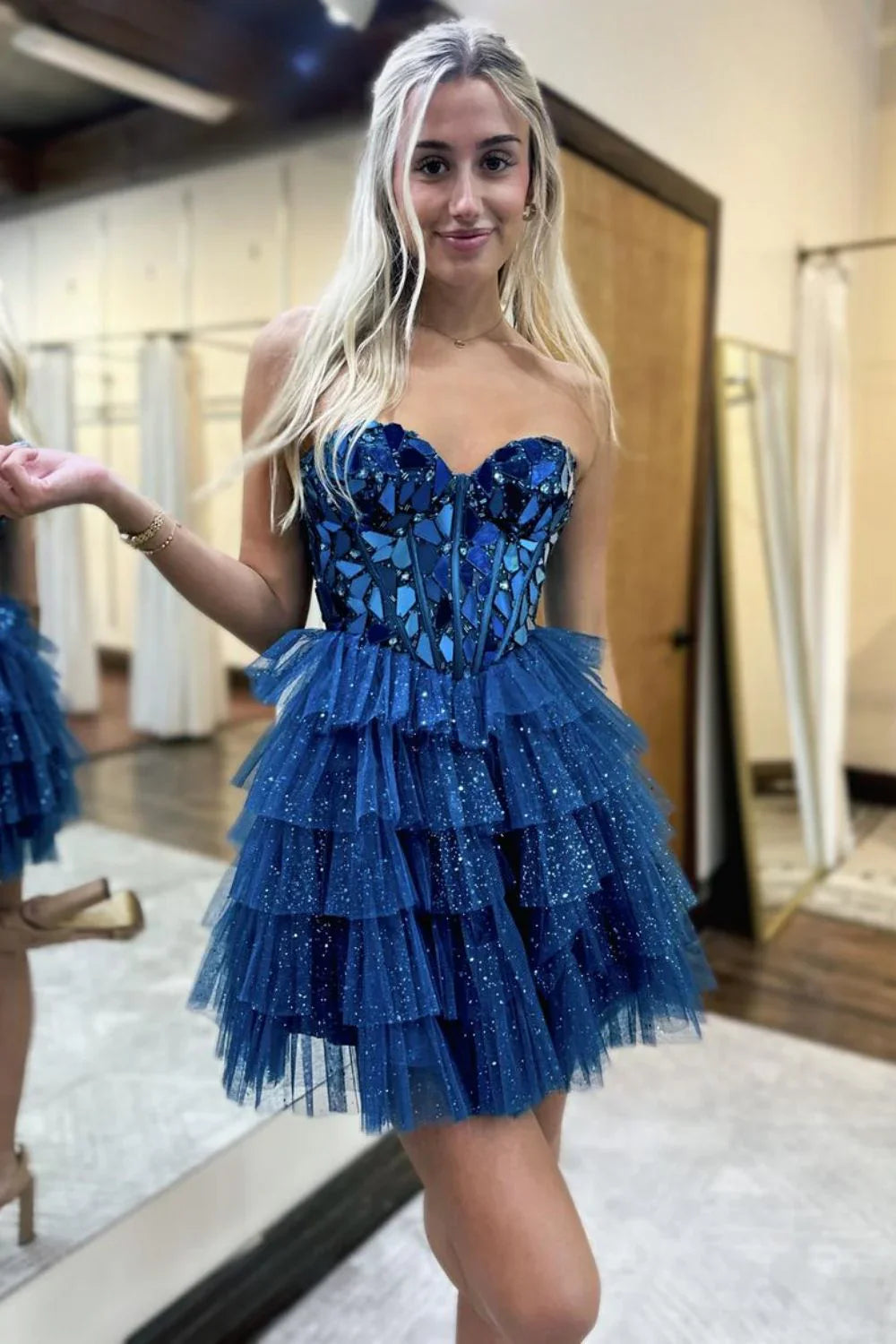 Glitter Blue A-line Sweetheart Tulle Short Prom Dresses Homecoming Dress With Mirror ED02643