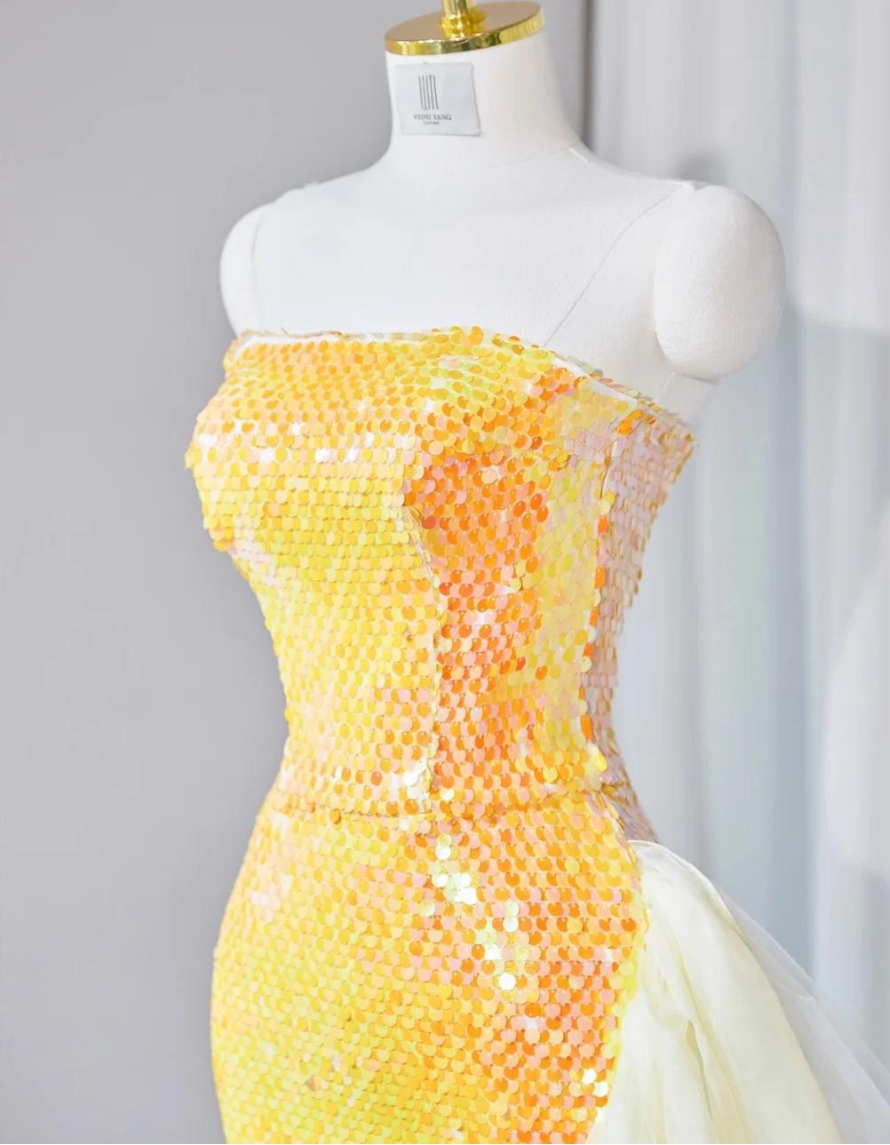 Gorgeous Bright Yellow Strapless Mermaid Sequined Tulle Long Prom Dresses Formal Evening Gowns ED02657