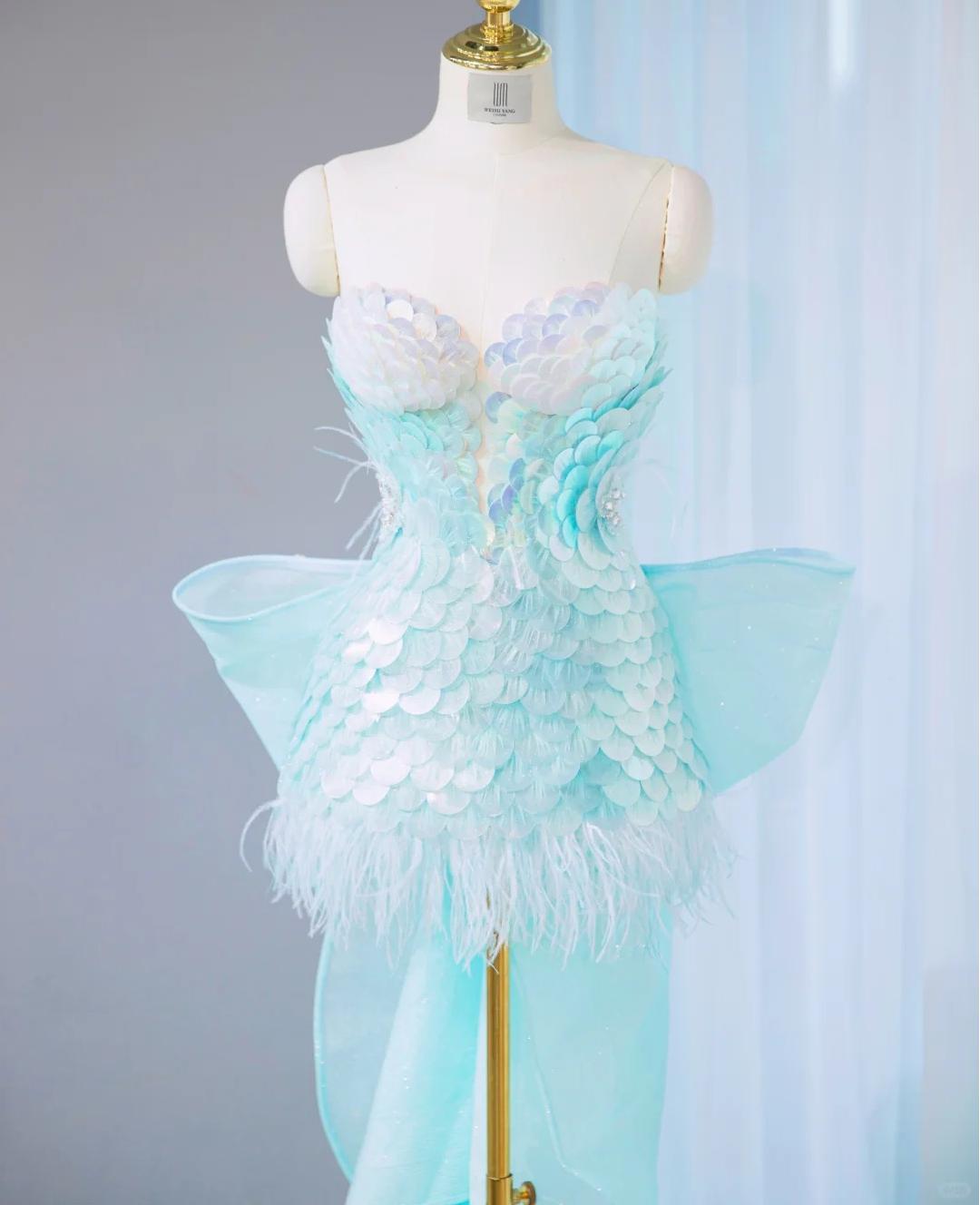 Stunning Ice Blue Strapless Bodycon Sequin Short Prom Dresses Homecoming Dress with Bow ED02658