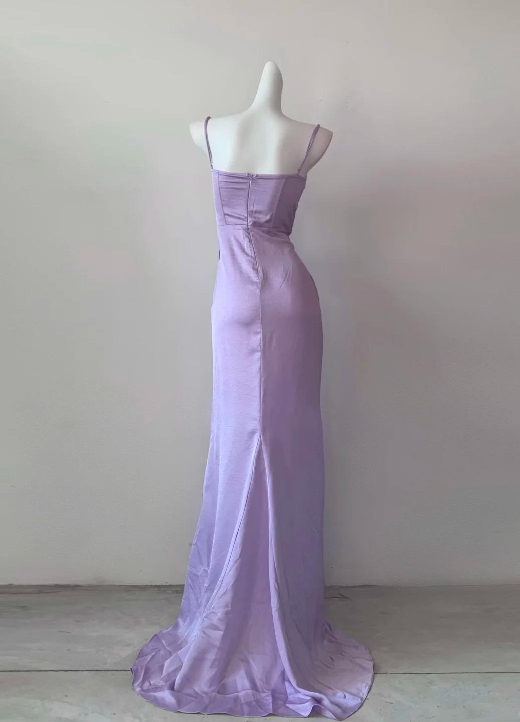Elegant Purple Spaghetti Straps Sheath Satin Long Prom Dresses Formal Evening Gowns Short Ball Gowns ED02664